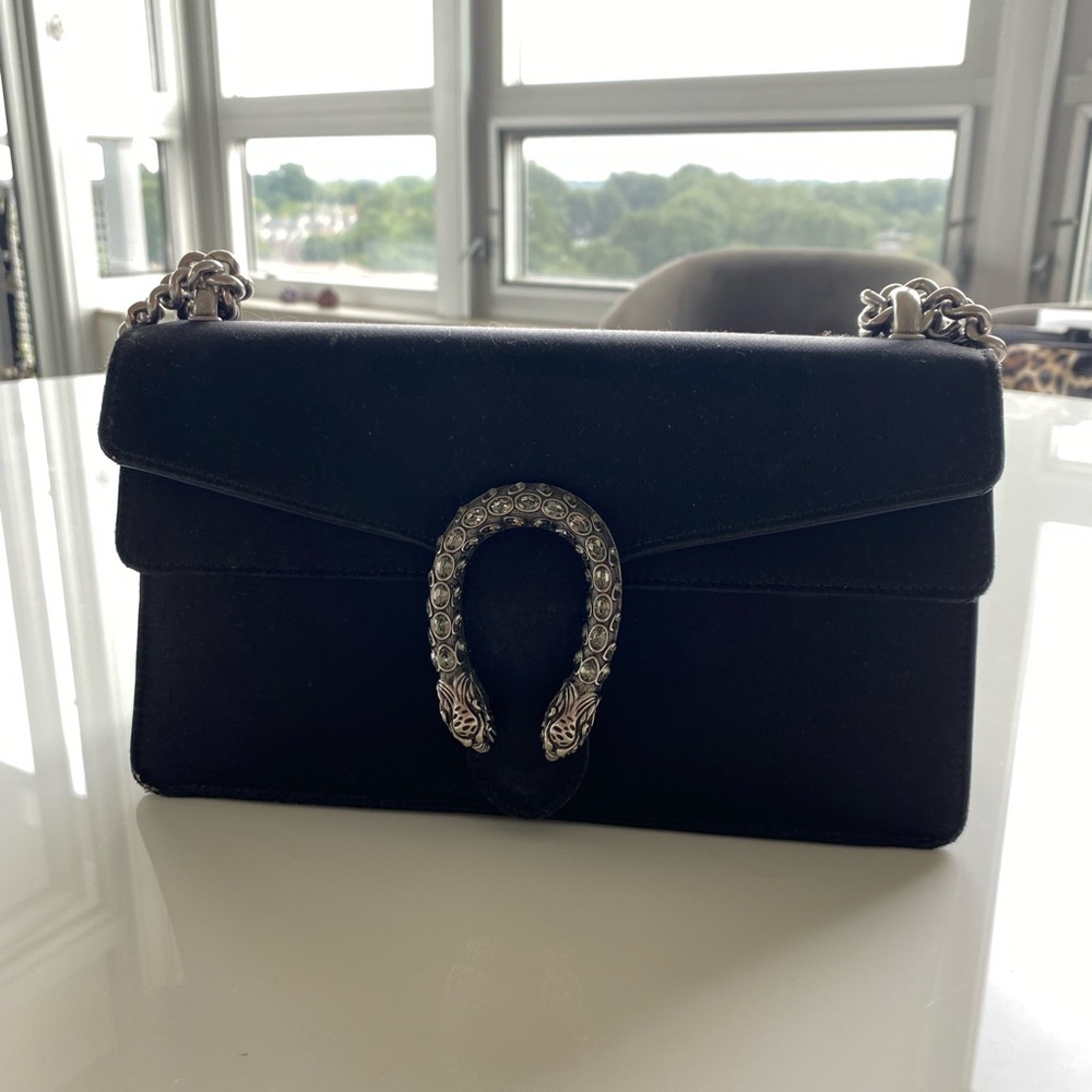 GUCCI BLACK SATIN & CRYSTAL SMALL DIONYSUS SHOULDER BAG